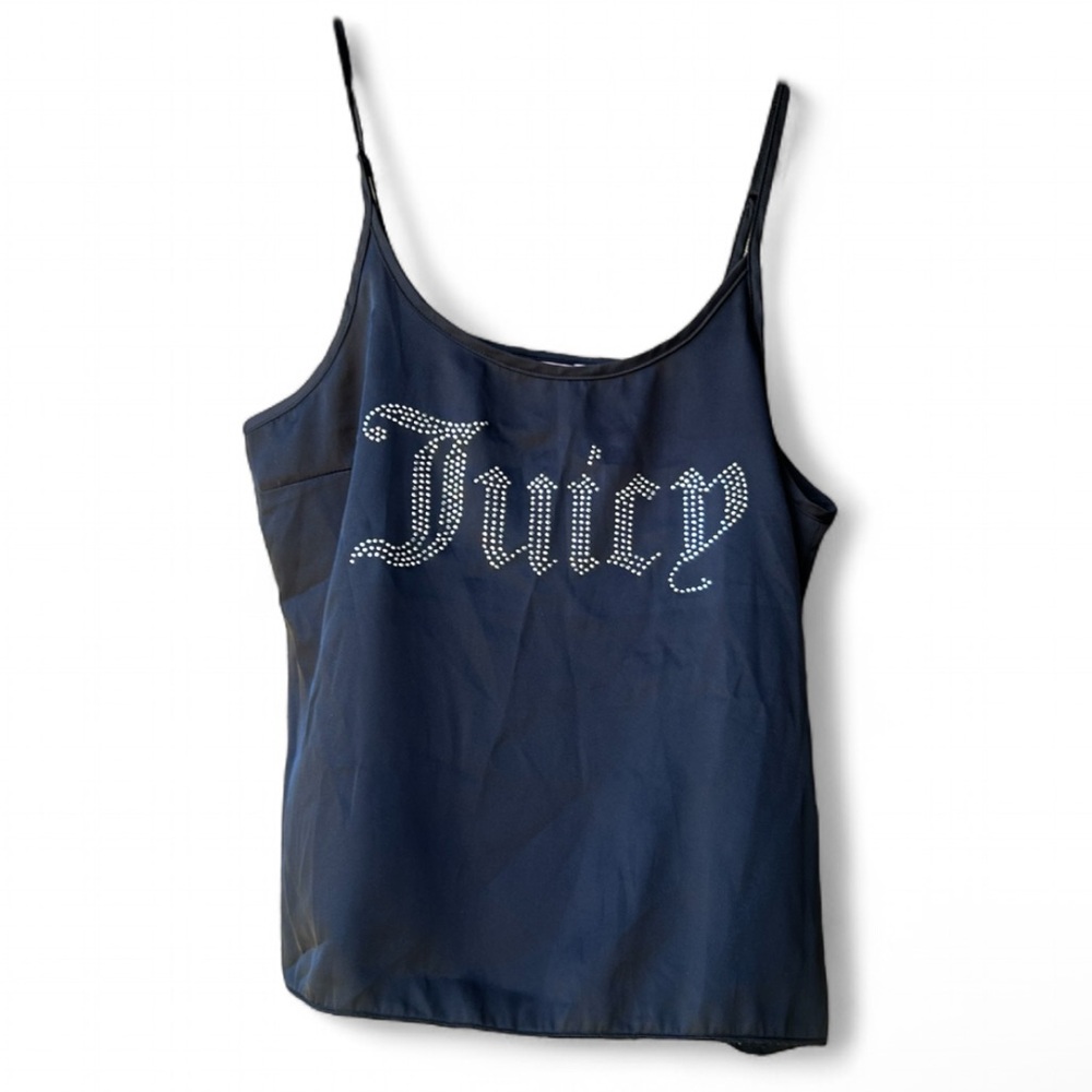 JUICY COUTURE Y2K Black Satin Jeweled Logo Cami Rhinestone Tank Top | Size M